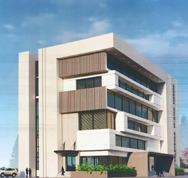 Architectural rendering of the DHA Admin Complex, a five-storey building with timber screens